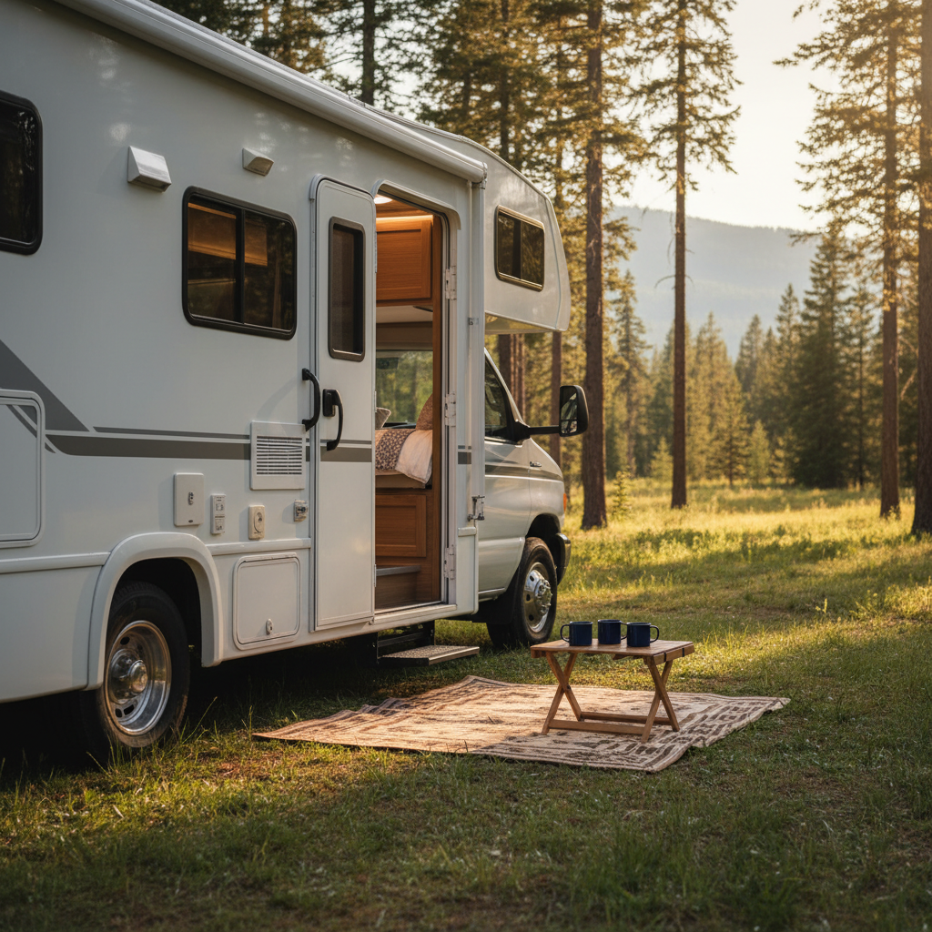 A compact, modern Class C RV with clean white exterior and subtle gray striping is parked at the edge of a tranquil forest clearing, side door open to reveal a warmly lit, wood-accented interior with plush neutral textiles. A small outdoor rug, low camping table, and neatly arranged enamel mugs sit on the grass, framed by tall pines and distant blue mountains. Late golden-hour sunlight filters through the trees, casting soft, elongated shadows and a gentle glow on the RV’s smooth surfaces. Photographic realism, eye-level composition with the RV on the rule of thirds, shallow depth of field that keeps the RV crisp while blurring the background into a soft, cozy bokeh, creating a sophisticated yet inviting mood of comfortable escape into nature.