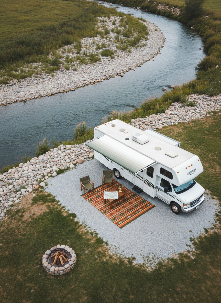An overhead, photographic realism view of a thoughtfully arranged campsite beside a winding river, featuring a compact Class C RV parked on a gravel pad with its awning extended. Below the awning, a woven outdoor rug in earthy tones anchors a low wooden camp table holding a small lantern and a neatly folded map. Two empty camp chairs are folded and leaned against the RV’s side, emphasizing a people-free scene. Soft, overcast afternoon light creates even, diffused illumination with minimal harsh shadows. The surrounding scene includes smooth river stones, tufts of grass, and a nearby fire ring with neatly stacked firewood. The composition uses clean lines and subtle curves of the river to create a serene, organized, and sophisticated atmosphere focused on peaceful exploration.