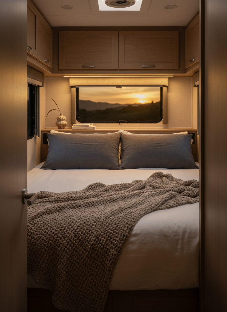 The rear bedroom of a Class C RV styled for a tranquil evening, shown in photographic realism. A neatly made bed with crisp white linens is layered with a chunky knit blanket in warm taupe and two oversized pillows in soft charcoal linen. A narrow window above the headboard frames a blurred sunset over distant hills, bathing the room in a honey-gold glow. A slim built-in shelf holds a small ceramic vase with a single dried stem and a closed hardcover book. Warm, dimmable LED strip lighting runs beneath the overhead cabinets, casting an intimate, indirect light. Shot at eye level from the doorway, with the bed centered and the window providing a subtle focal point, the scene feels serene, sophisticated, and deeply cozy, perfect for restful RV nights.