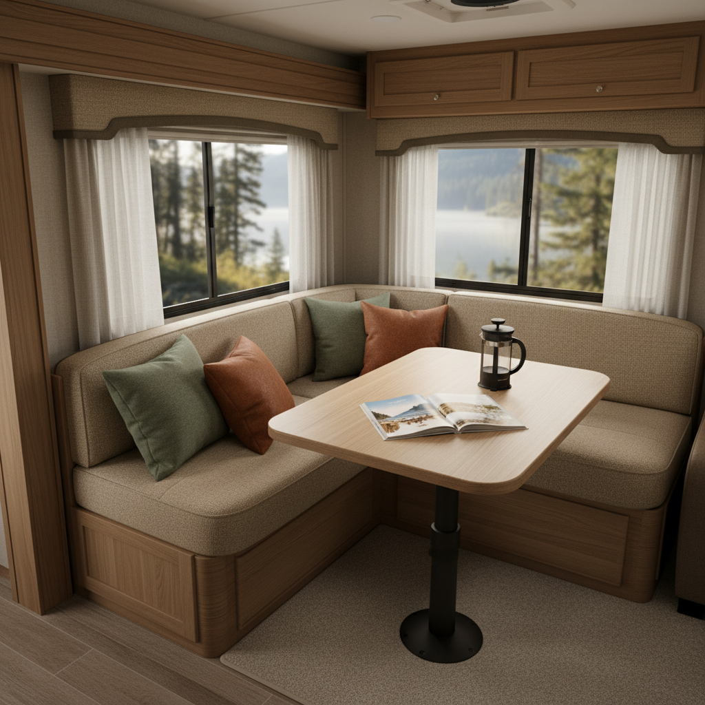 The interior of a stylish Class C RV lounge, captured in photographic realism: a cushioned L-shaped dinette upholstered in textured sand-colored fabric, with accent pillows in muted forest green and rust. A small, matte black French press and an open travel guide rest on a light oak tabletop with rounded edges. Large side windows reveal a softly blurred forest and lake scene outside. Morning light streams in, diffused through sheer linen curtains, creating gentle highlights on the wood grain and soft shadows under the table. Shot from a slightly elevated corner angle, showcasing the flow of the space, with warm, balanced tones. The overall mood is calm, sophisticated, and homey, emphasizing comfort and understated luxury on the road.