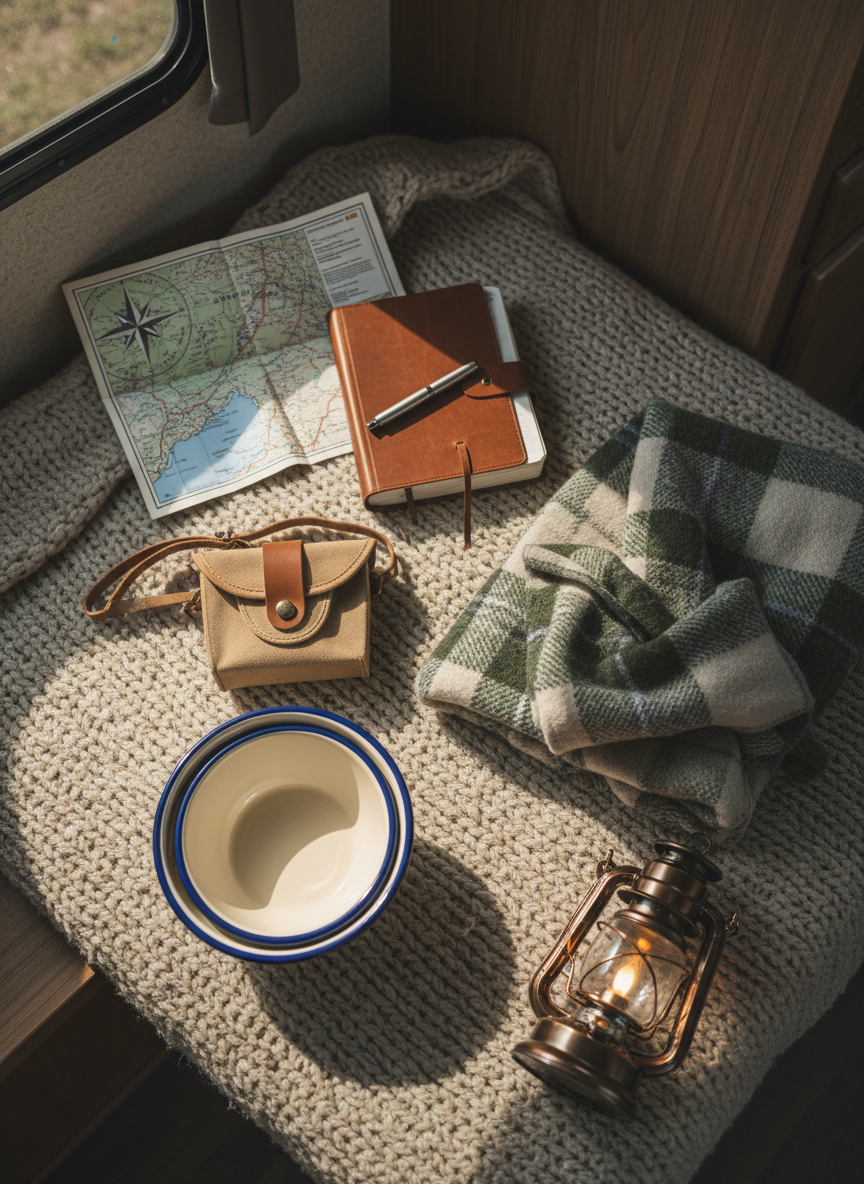 A carefully curated flat lay of RV travel essentials for a cozy weekend getaway, arranged on a textured oatmeal-colored blanket inside a Class C RV. Items include a folded national park map, a leather-bound travel journal with a pen, a compact binocular case, a neatly stacked set of enamelware bowls, and a folded, soft plaid throw in muted moss and cream tones. A small, battery-powered lantern adds a hint of warm glow. Natural light from a nearby window washes in from the left, creating soft highlights on the journal cover and gentle shadows along the folds of the blanket. Photographic realism with a top-down composition and shallow depth of field that subtly blurs the edges, evoking an organized, sophisticated, and inviting mood.